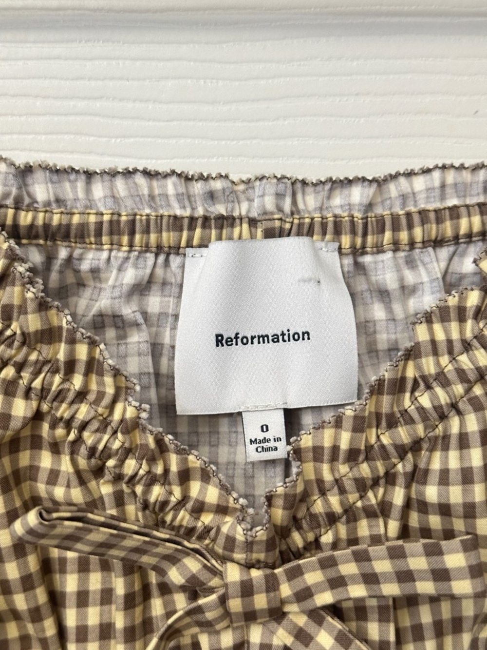Reformation Beige Gingham Peplum Puff Sleeve Blouse - Picture 5 of 9